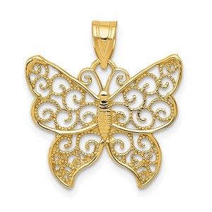 14k Yellow Genuine Gold Filigree Butterfly Necklace Charm Pendant
